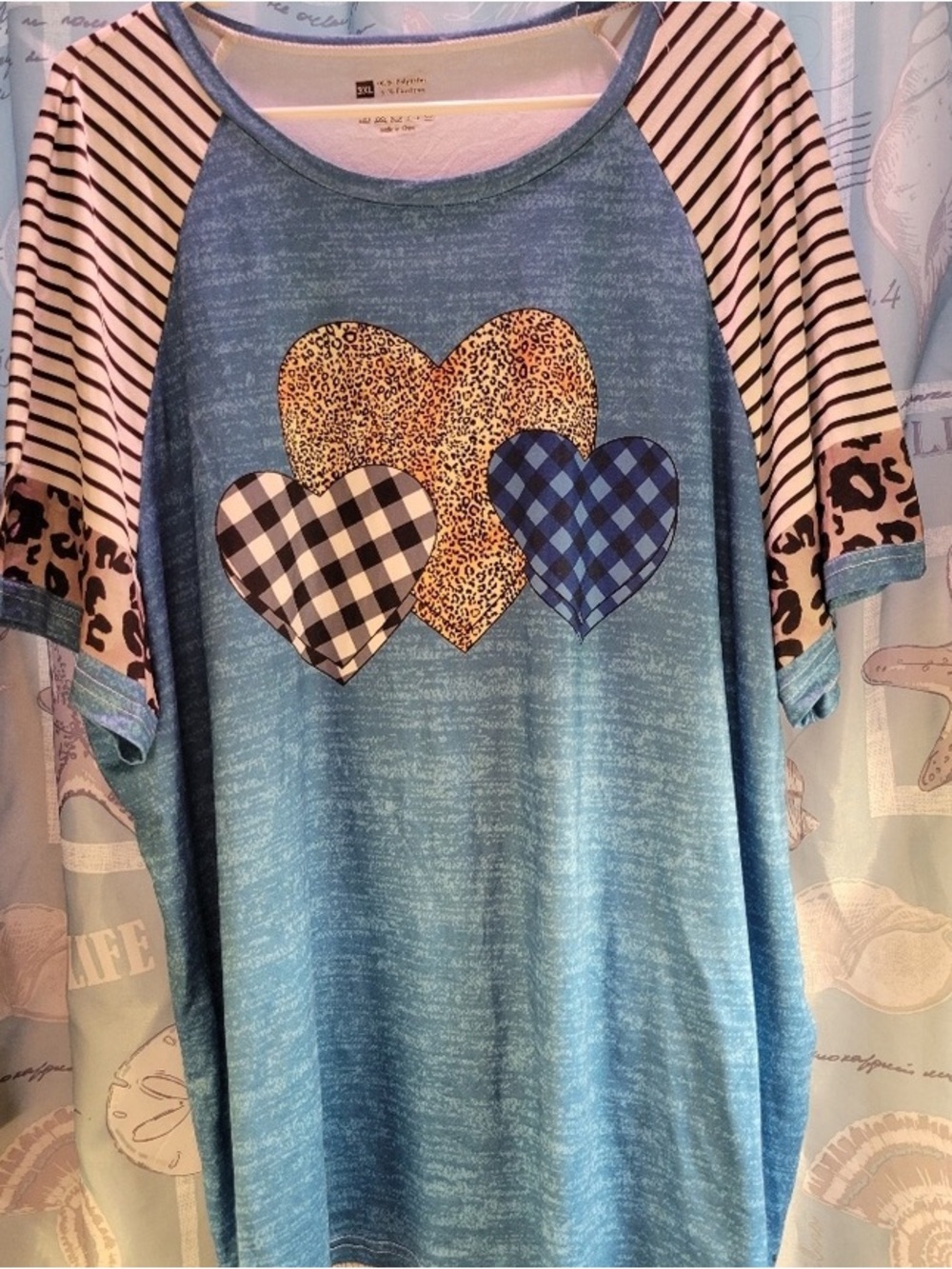 Blue Raglan Heart Patchwork Blouse
